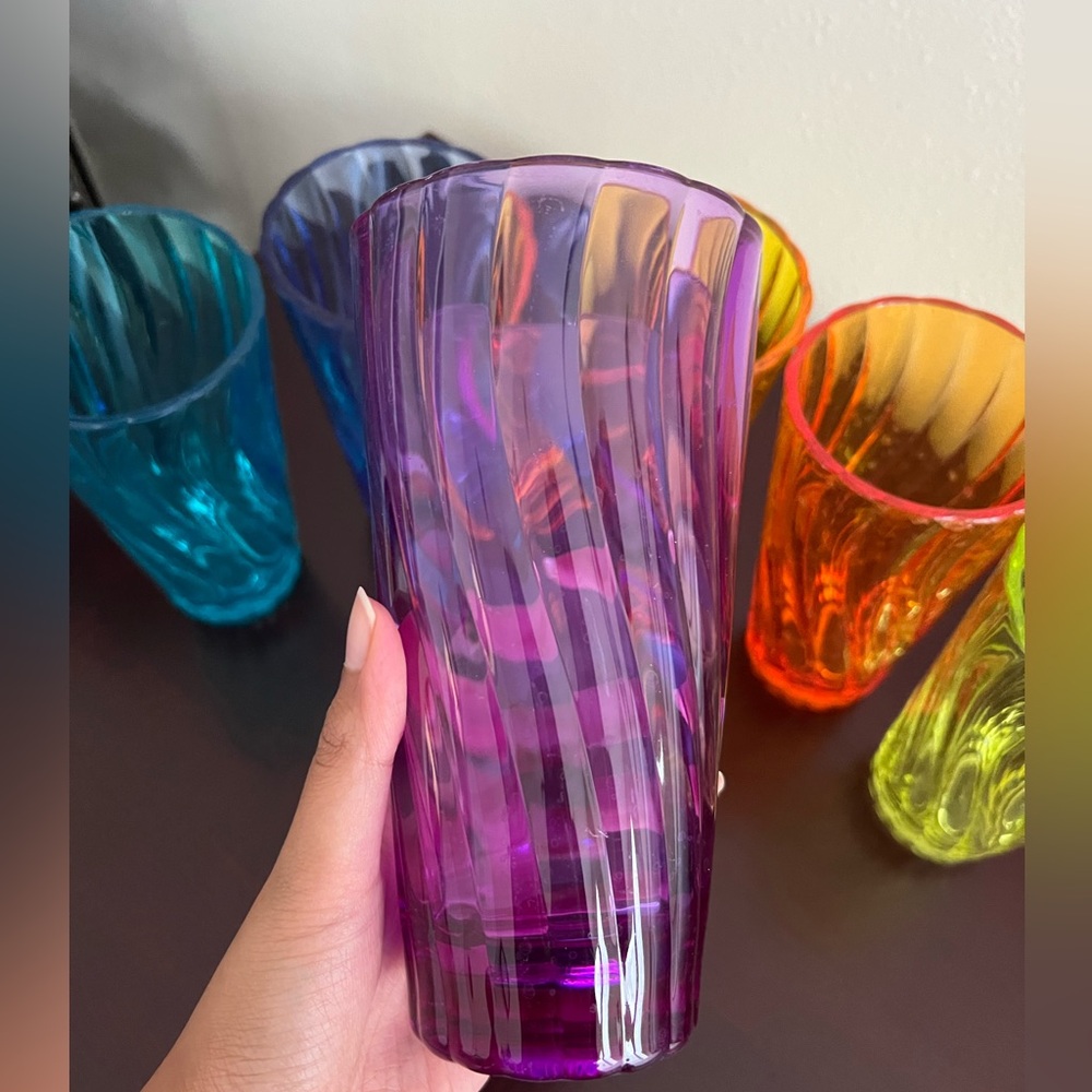 Multi colored, tall drinking glasses, 6 total